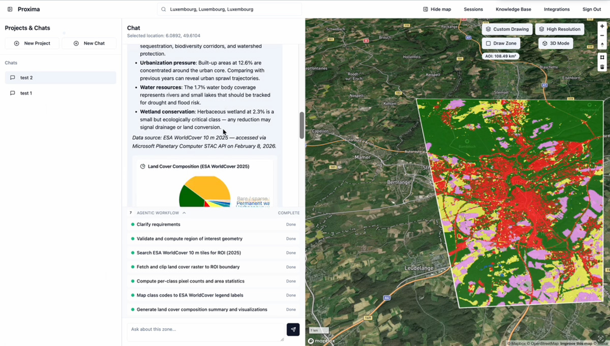 Proxima dashboard — conversational geospatial analysis